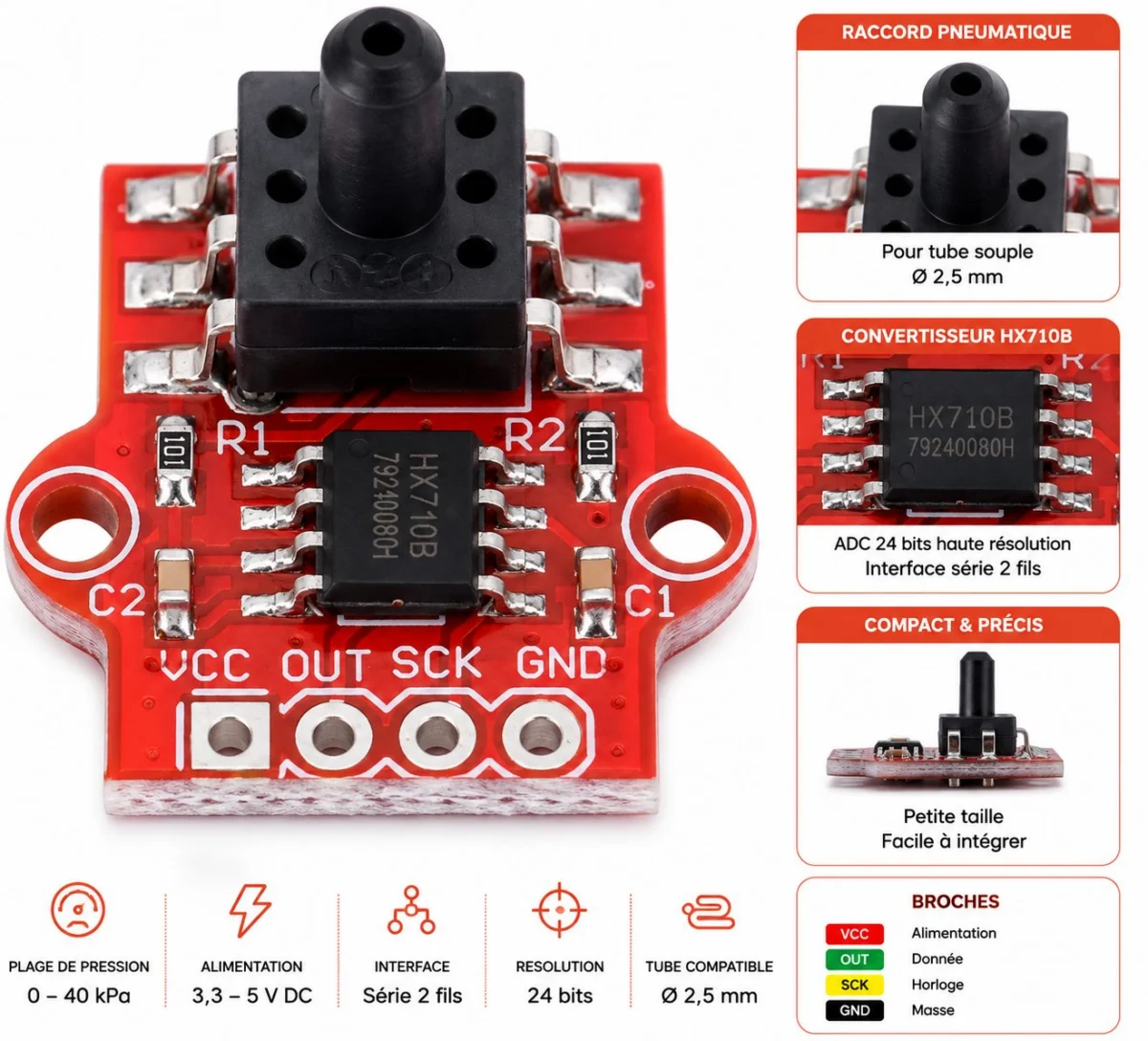 Capteur de pression d’air 0–40 kPa – Module 3,3 V / 5 V