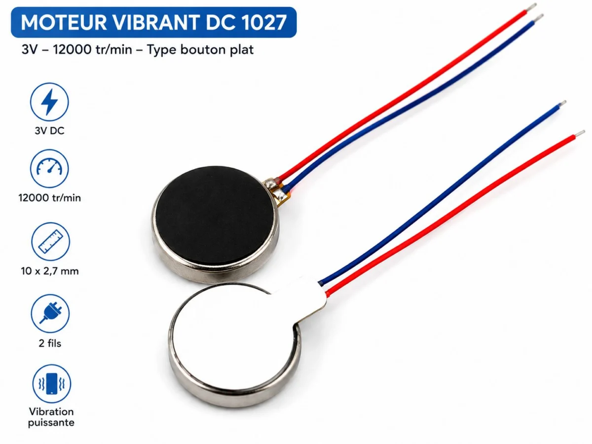 Mini moteur vibrant DC 1027 – 3 V – 12 000 tr/min – Type bouton plat Description