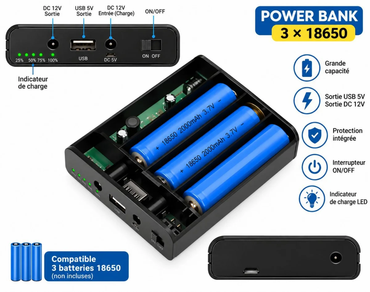 Kit boîtier UPS rechargeable 12 V pour 3 batteries 18650 – Montage sans soudure